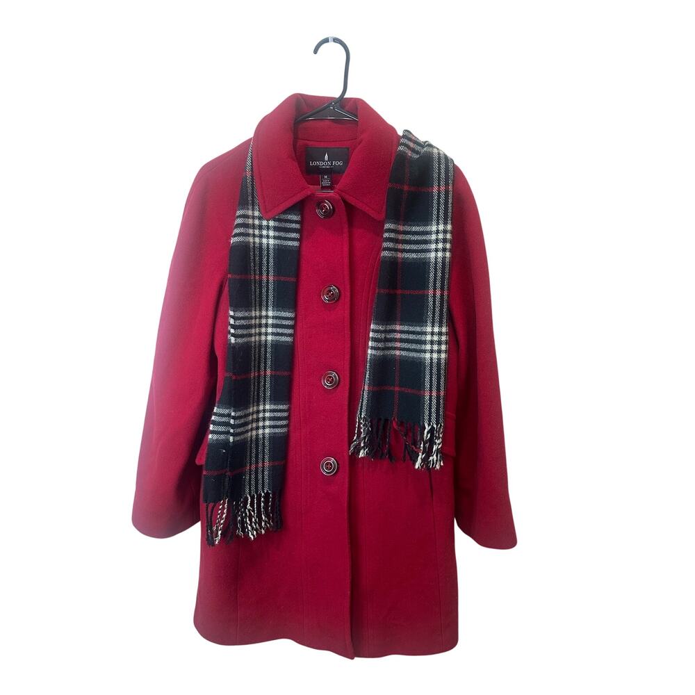 LONDON FOG NWOT Red Single-Breasted Wool Blend Coat w/ Scarf Sz M Chic Citywear